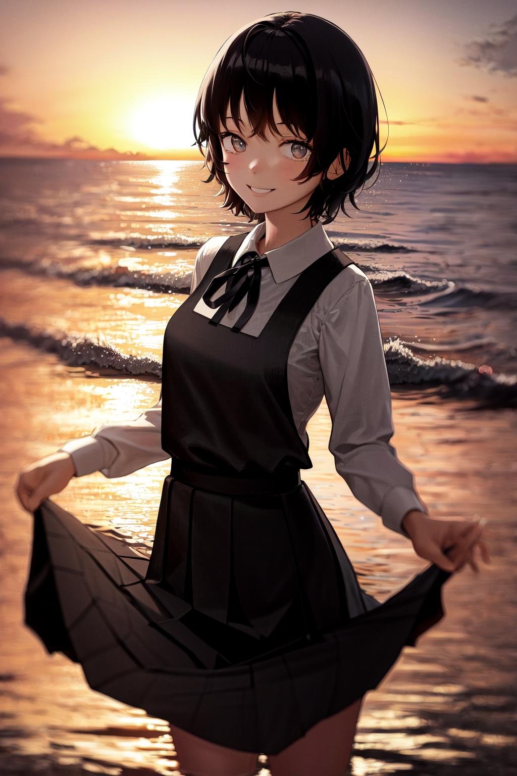 masterpiece, best quality, highres, 1girl short hair, white shirt black dress neck ribbon <lora:sayonara_eri:1> smile, ocean, wading, sunset, backlighting, skirt hold