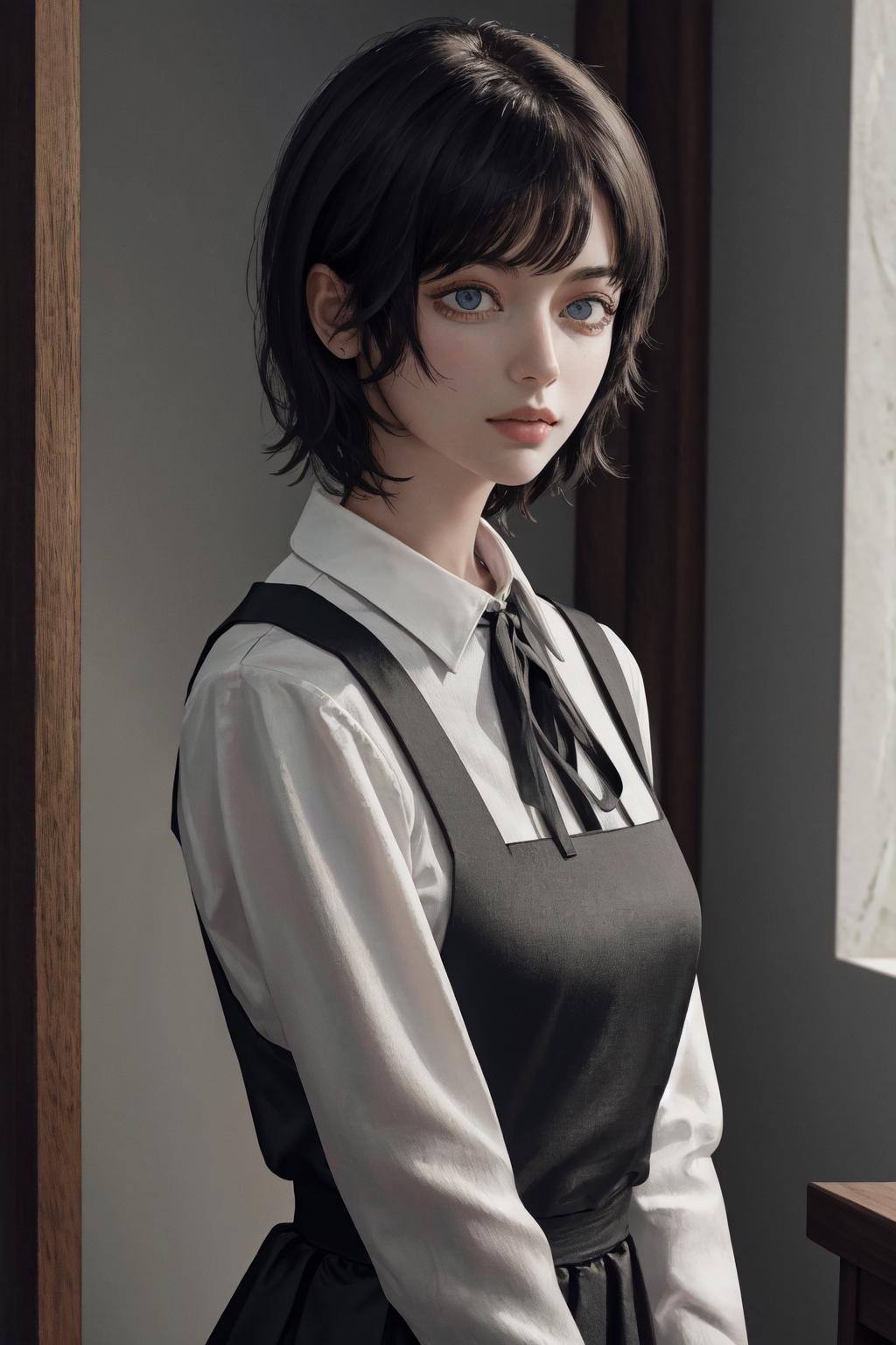 masterpiece, best quality, highres, 1girl short hair, white shirt black dress neck ribbon <lora:sayonara_eri:1> photorealistic