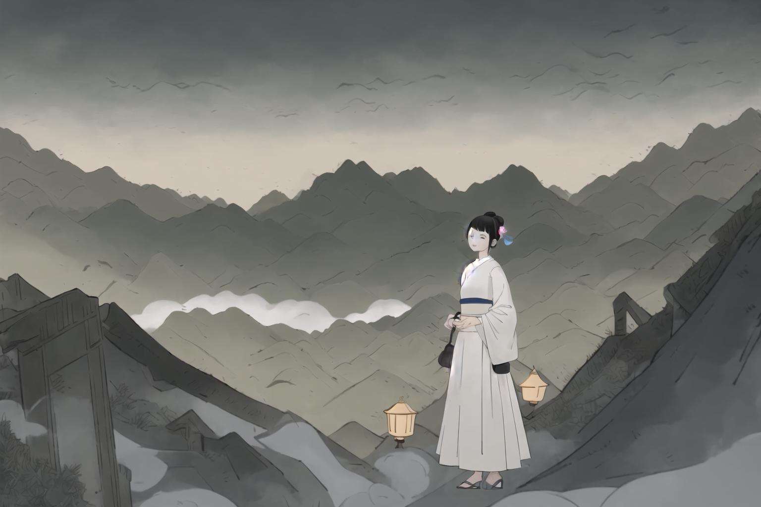 (masterpiece, best quality:1.2), (1girl), chinese lantern, (full moon), in the style of ukiyo-e influence, Symbolic symbols, no facial features, trompe-l'œil illusionistic detail, imaginative fantasy landscapes, storybook illustrations, <lora:GFPM-000004:1>, <lora:WuMo2:0.2>,