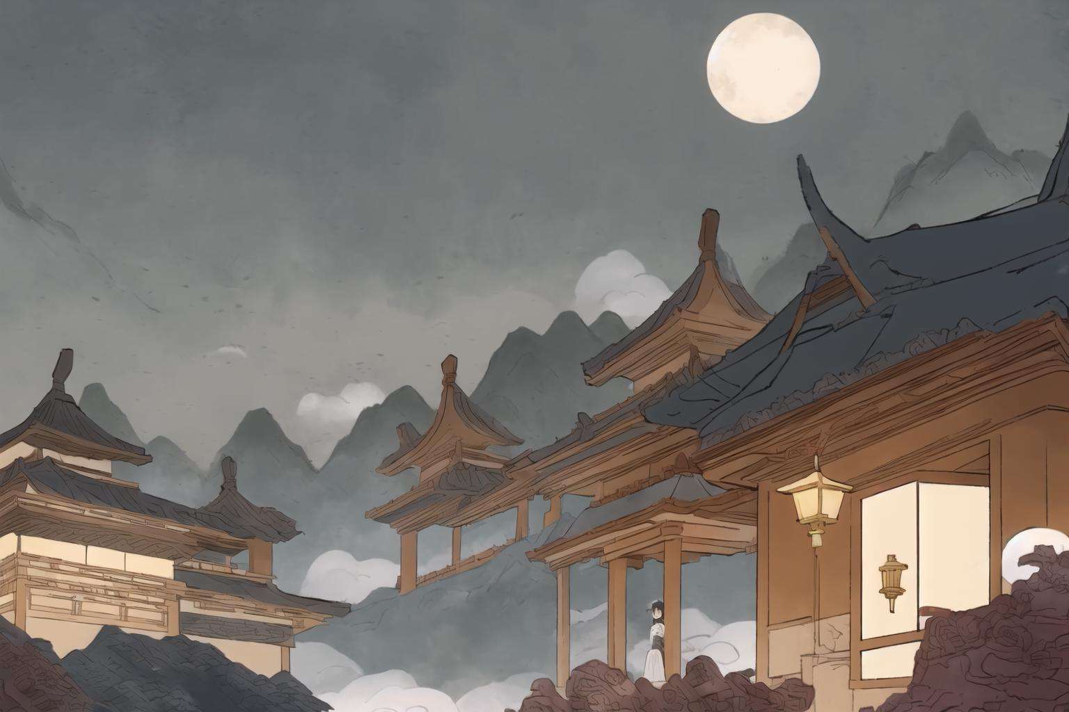 (masterpiece, best quality:1.2), (1girl), chinese lantern, (full moon), trompe-l'œil illusionistic detail, imaginative fantasy landscapes, storybook illustrations, <lora:GFPM-000004:1>, <lora:WuMo2:0.2>,