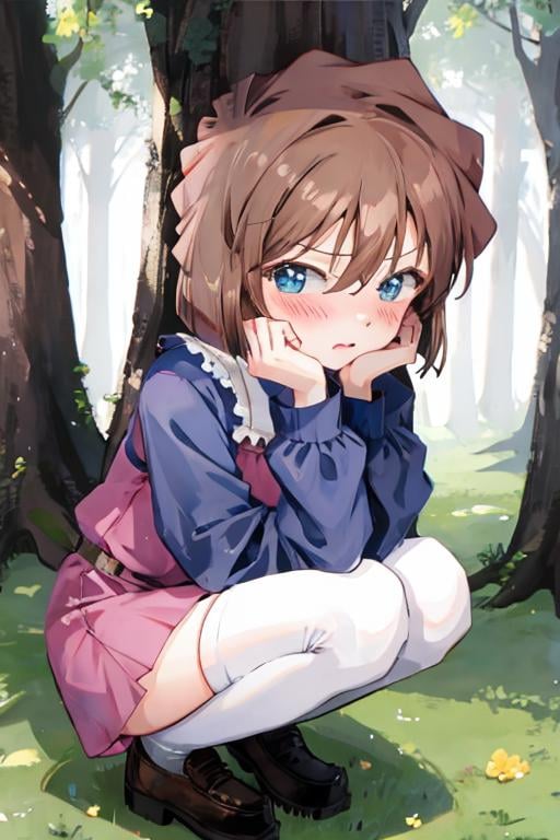 aihaibara, short hair, brown hair, bangs, hair between eyes, blue eyes, short dress, zettai_ryouiki, embarrassed, blush, squatting, forest <lora:haibara-v2:1>