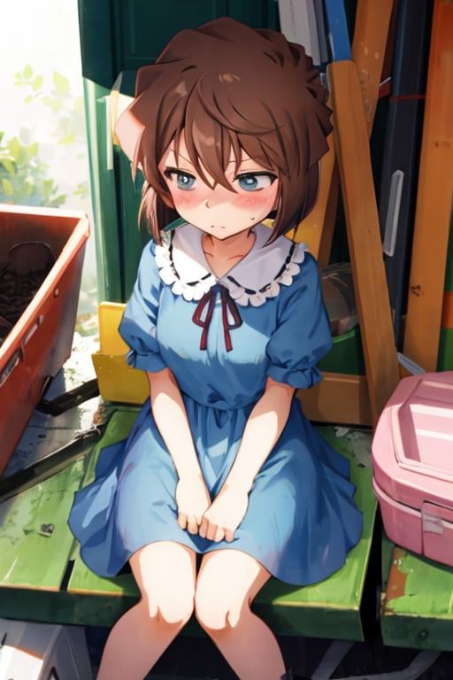 aihaibara, short hair, brown hair, bangs, hair between eyes, blue eyes, short dress, , embarrassed, blush, sitting, garage <lora:haibara-v2:1>