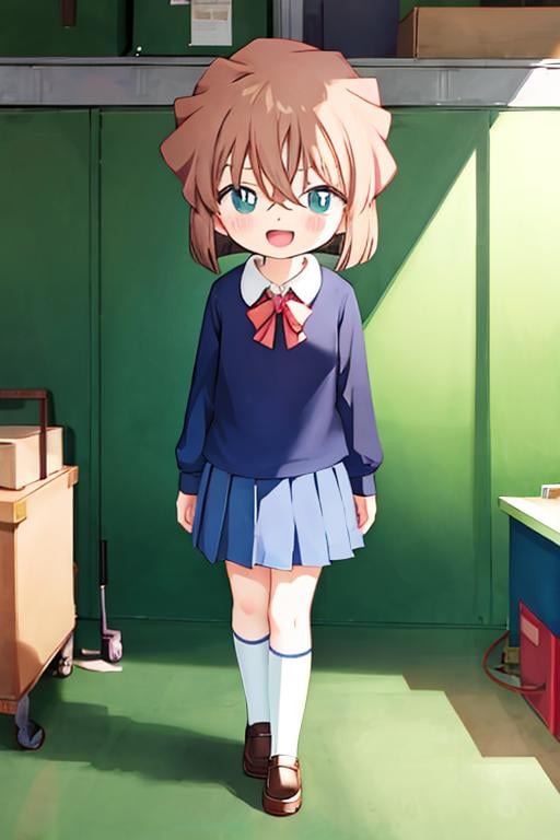 aihaibara, short hair, brown hair, bangs, hair between eyes, blue eyes, school uniform, , :d, walking, garage <lora:haibara-v2:1>