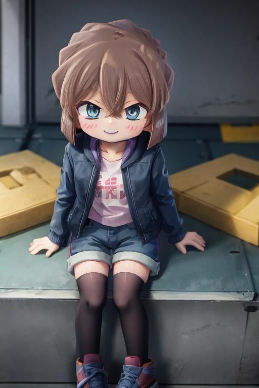 aihaibara, short hair, brown hair, bangs, hair between eyes, blue eyes, jacket, short shorts, zettai_ryouiki, smile, sitting, garage <lora:haibara-v2:1>