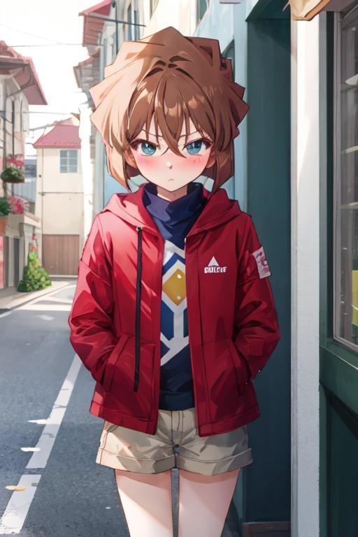 aihaibara, short hair, brown hair, bangs, hair between eyes, blue eyes, jacket, short shorts, , embarrassed, blush, standing, alley <lora:haibara-v2:1>