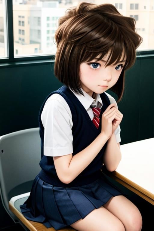 aihaibara, short hair, brown hair, bangs, hair between eyes, blue eyes, school uniform, , embarrassed, blush, sitting, city <lora:haibara-v2:0.7>