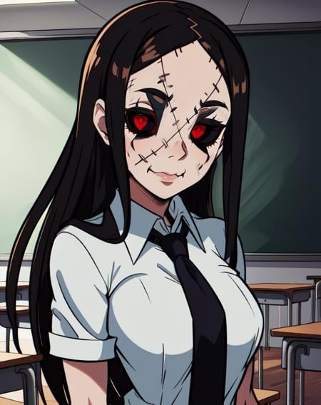 Painwheel,red eyes,brown hair,long hair,(,looking at viewer,(((black sclera:1.3))),solo,upper body,smile,standing,blue necktie,collared shirt,skirt,classroom,(insanely detailed, beautiful detailed face, masterpiece, best quality)  <lora:Painwheel-10v6:0.8>,