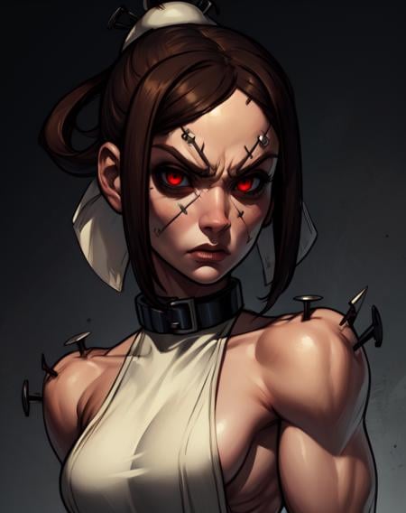 Painwheel,red eyes,brown hair,single hair bun,barefoot,(face stitches:1.2),angry, x,  looking at viewer,  black sclera, solo,upper body,muscular, white dress,side slit,sideboob,collar,cuffs,bare shoulders,bolts,toned,(insanely detailed, beautiful detailed face, masterpiece, best quality)  <lora:Painwheel-10v6:0.8>,