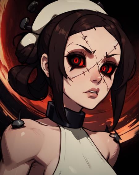 Painwheel,red eyes,brown hair,single hair bun,barefoot,(face stitches:1.2),x,looking at viewer,(((black sclera:1.4))),solo,upper body,muscular,white sclera,white dress,side slit,sideboob,collar,cuffs,bare shoulders,bolts,toned,(insanely detailed, beautiful detailed face, masterpiece, best quality)  <lora:Painwheel-10v6:0.8>,
