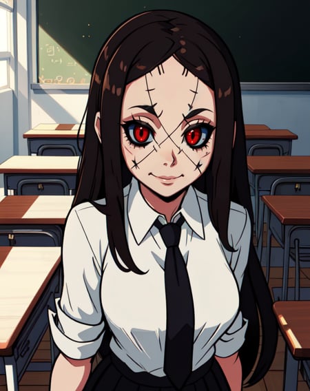 Painwheel,red eyes,brown hair, long hair, (face stitches:1.2), looking at viewer,(((black sclera:1.1))),solo,upper body, smile,standing, blue necktie,  collared shirt, skirt, classroom,  (insanely detailed, beautiful detailed face, masterpiece, best quality)  <lora:Painwheel-10v6:0.8>,