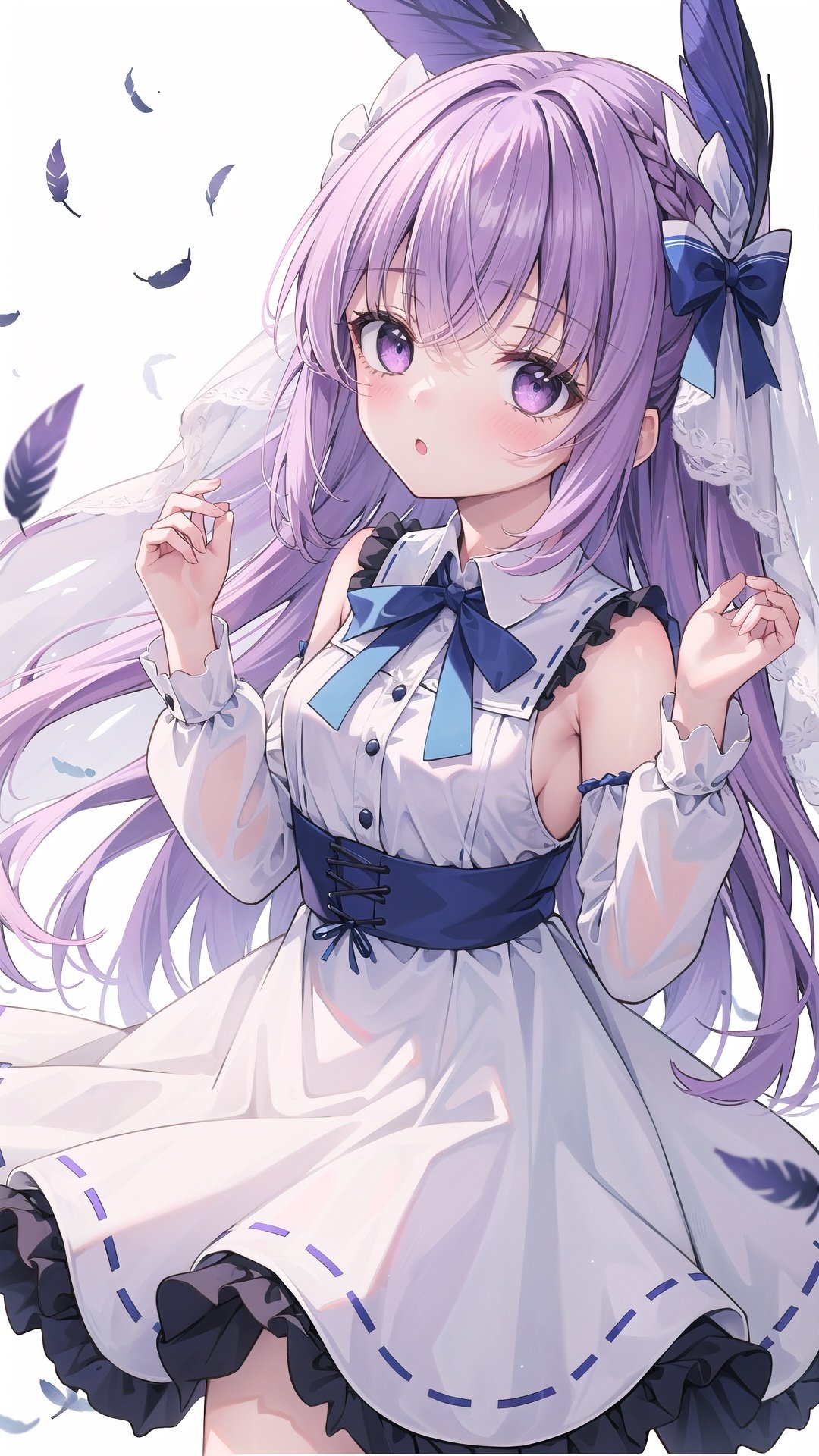 1girl, solo, looking_at_viewer, (purple_eyes:1.2), shirt, long_sleeves, white_background, , (purple_hair:1.2), parted_lips, sleeveless, :o, sleeves_past_wrists, hands_up, sleeveless_dress, blue_dress, one_side_up, frilled_dress, feathers, blue_ribbon, white_ribbon, puffy_long_sleeves, white_feathers, wing_hair_ornament, headdress, veil, bow, frill, blue dress