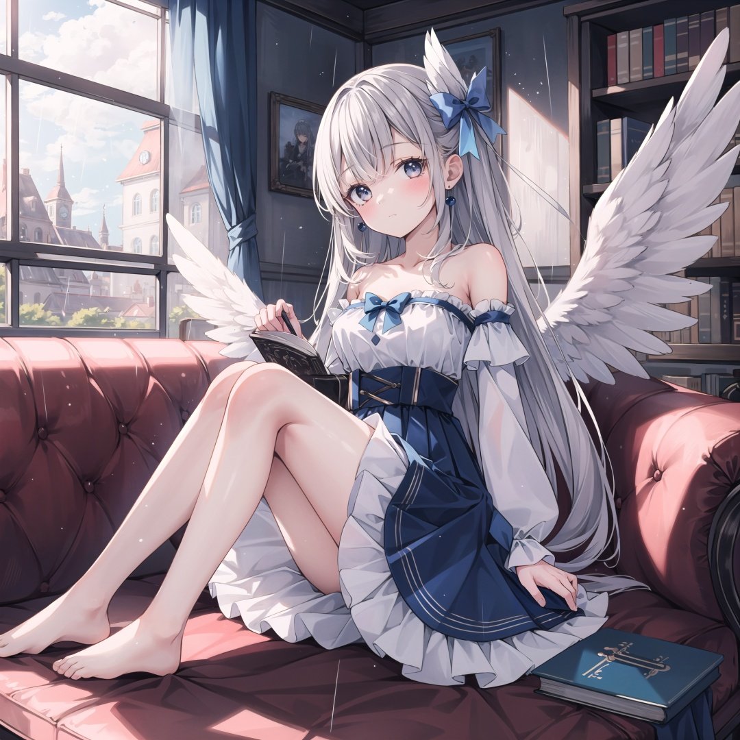 1girl, solo, long hair, wings, feathered wings, book, barefoot, bow, flower, hair bow, sitting, bare shoulders, grey eyes, bangs, very long hair, white wings, blue bow, indoors, strapless, skirt, collarbone, dress, breasts, blue skirt, closed mouth, frills, strapless dress, open book, rain, holding, chair, jewelry, window, couch, earrings, blurry, detached sleeves, grey hair, rose, full body, looking at viewer, blue flower, angel wings