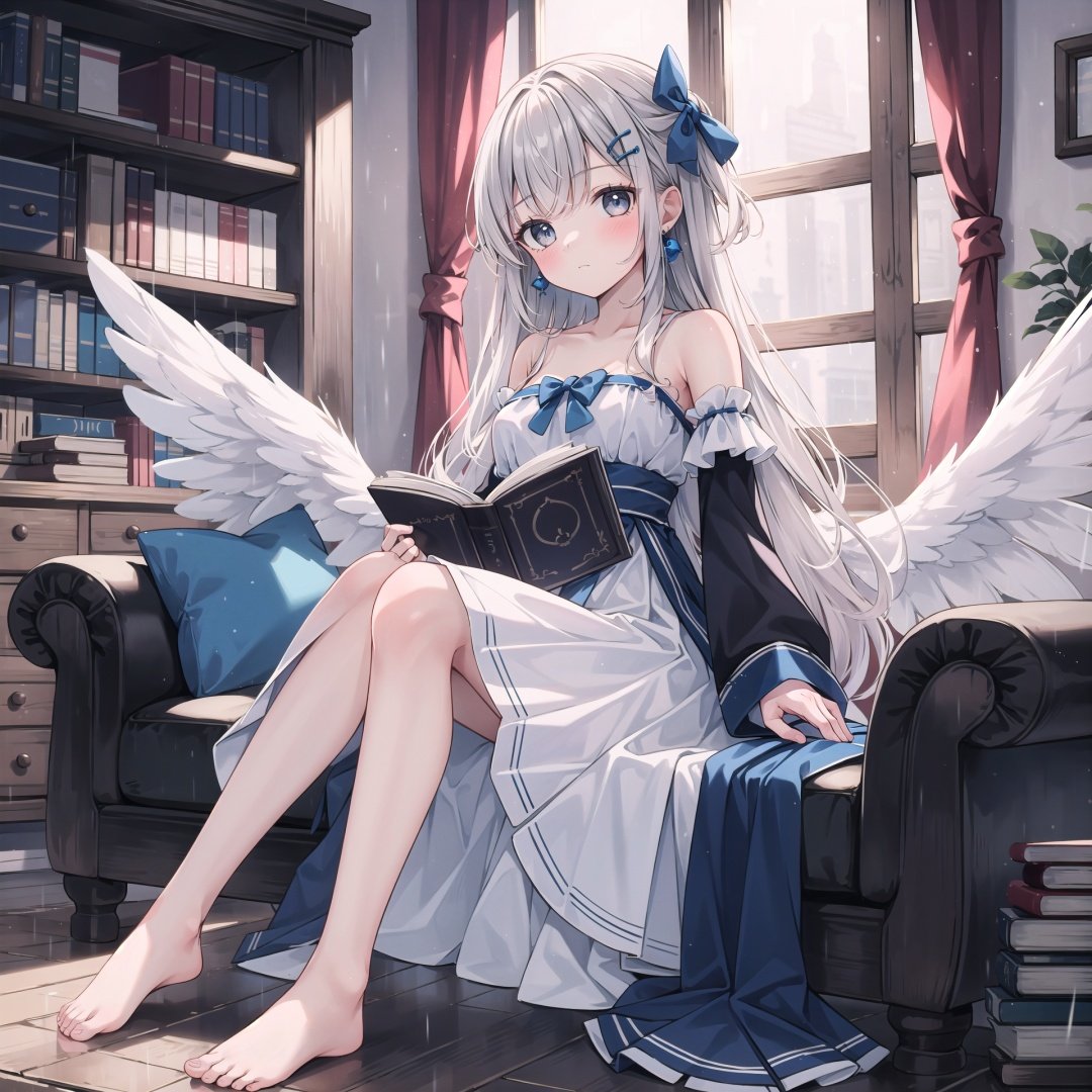 1girl, solo, long hair, wings, feathered wings, book, barefoot, bow, flower, hair bow, sitting, bare shoulders, grey eyes, bangs, very long hair, white wings, blue bow, indoors, strapless, skirt, collarbone, dress, breasts, blue skirt, closed mouth, frills, strapless dress, open book, rain, holding, chair, jewelry, window, couch, earrings, blurry, detached sleeves, grey hair, rose, full body, looking at viewer, blue flower, angel wings