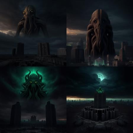 <lora:lvcrftn-000004:1> lvcrftn AND horror, city ruins, cthulhu looming over horizon, apocalypse, <lora:LowRa:1> 