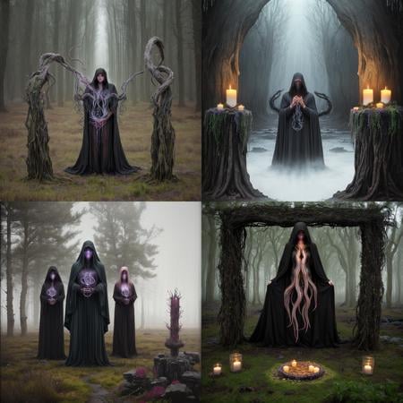 <lora:lvcrftn-000004:1> lvcrftn AND cloaked figures, bog, mist, spreading tentacles, pagan altar