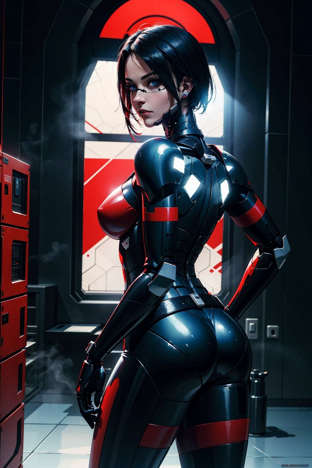 1girl,  black hair , robot joints,  blue eyes,  looking at viewer,  serious,  short hair,  nose guard,  frameless glasses,  black and red  bodysuit,  armor,  solo,  space station,  indoors,  cowboy shot,  dark,  cyberpunk,  red lights,  large hip,  slim,  rear view,  looking back,  big assinsanely detailed,  beautiful detailed face, beautiful detailed eyes,  masterpiece,  best quality, cyborg, bodysuit, elster, <lora:EMS-77076-EMS:0.800000>