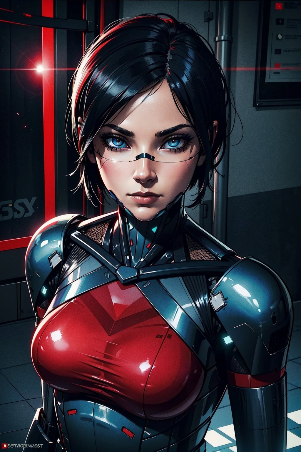 1girl,  black hair , robot joints,  blue eyes,  looking at viewer,  serious,  short hair,  nose guard,  frameless glasses,  black and red  bodysuit,  armor,  solo,  space station,  indoors,  dark,  cyberpunk,  red lights,  (insanely detailed,  beautiful detailed face, beautiful detailed eyes,  masterpiece,  best quality), cyborg, bodysuit, elster, <lora:EMS-77076-EMS:0.800000>