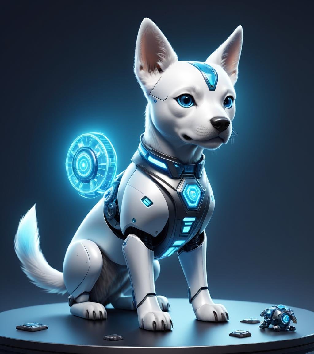 ethereal fantasy concept art of  <lora:MidJ_Last_500_-_Experiment:1>there is a robot dog sitting on a table with a blue collar, isometric 3d fantasy cute dog, guardian project, cgsociety 9, cybercat, cute! c4d, mobile game asset, cute 3 d render, cute elaborate epic robot, rendered in unreal 5, small character. unreal engine 5, robotic cat, industrial robotic cats, a robot dog  . magnificent, celestial, ethereal, painterly, epic, majestic, magical, fantasy art, cover art, dreamy