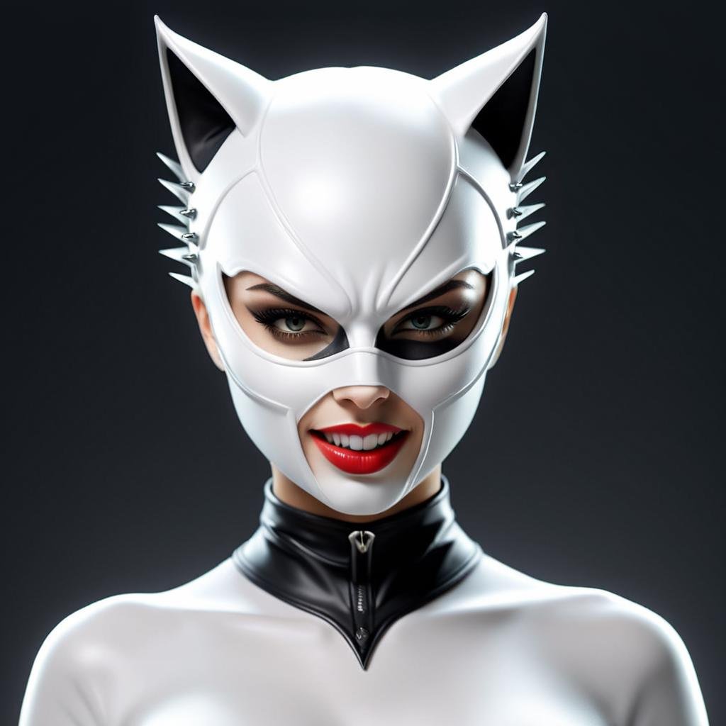 <lora:MidJ_Last_500_-_Experiment:1.5> there is a woman wearing a white mask with spikes on it, 3d render of catwoman, rending on cgsociety, artgerm and patrick demarchelier, artgerm ; 3d unreal engine, trending on zbrush central, modelled in zbrush, featured on zbrush central, digital sculpture, artgerm julie bell beeple,(Velvia:1.3)