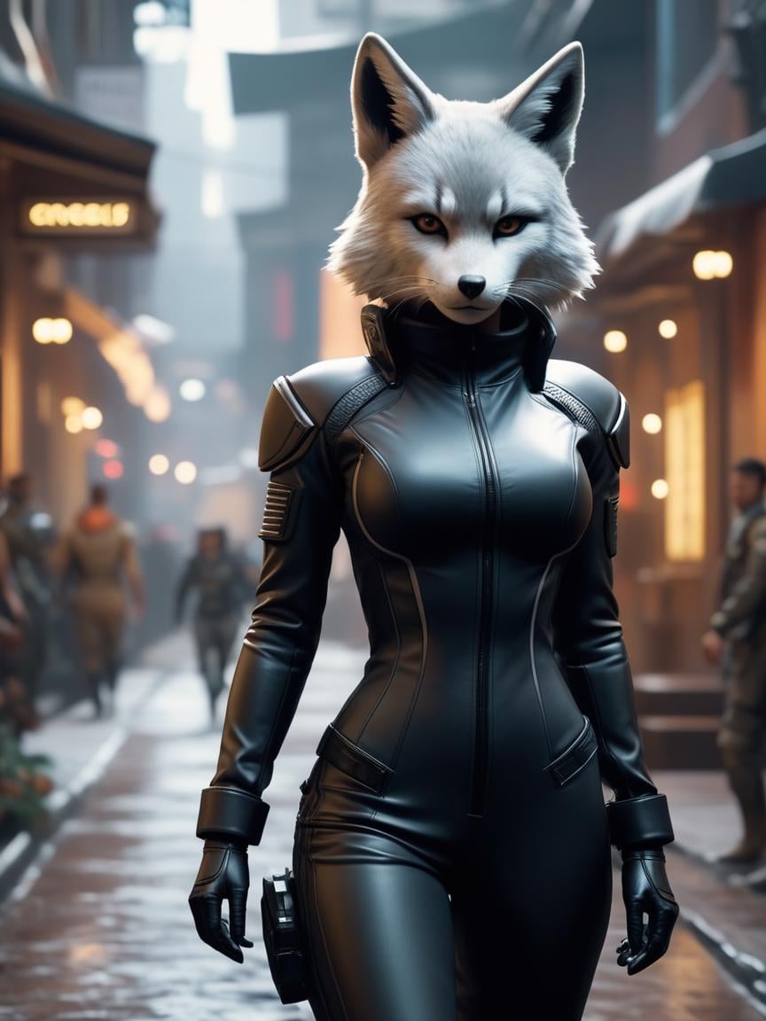 cinematic film still <lora:FF-Midj-Last-v0563:1> there is a woman in a cat suit walking down a street, loba andrade from apex legends, cgsociety unreal engine, an anthropomorphic cyberpunk fox, artgerm ; 3d unreal engine, unreal engine character art, cgsociety 9, female anthropomorphic wolf, cinematic smooth unreal engine, cinematic unreal 5, unreal engine art     . shallow depth of field, vignette, highly detailed, high budget, bokeh, cinemascope, moody, epic, gorgeous, film grain, grainy