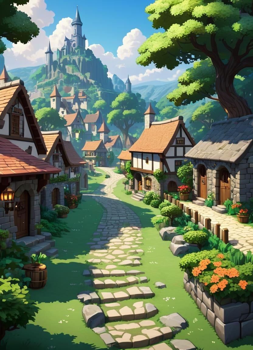 pixel-art <lora:FF-Midj-Last-v0563:1> there is a cartoon picture of a village with a stone path, villages ， unreal engine, tyler edlin fantasy art, style of tyler edlin, 4 k matte thomas kinkade, style of thomas kinkade, medeival fantasy town, video game environment design, 2. 5 d cgi anime fantasy artwork, unreal engine 5 », tyler edlin and natasha tan . low-res, blocky, pixel art style, 8-bit graphics