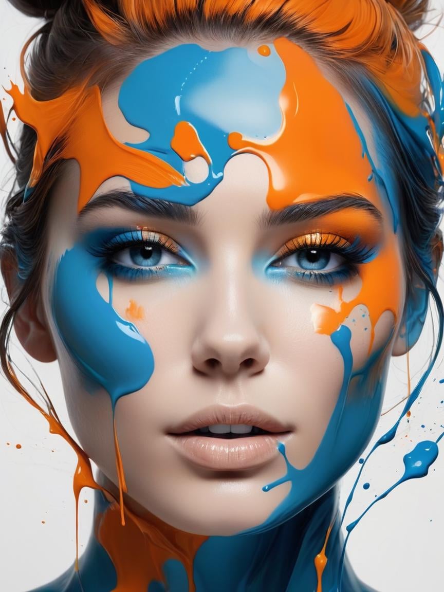 Abstract style <lora:FF-Midj-Last-v0563:1>,  painting of a woman's face with orange and blue paint, by Sam Spratt, alberto seveso and dan mccaw, behance favourite, behance. polished, by William Berra, best of behance, by James Paick, by Alberto Seveso, saatchi art, masterpiece ; behance hd, kai fine art, detailed facial structure . Non-representational, colors and shapes, expression of feelings, imaginative, highly detailed