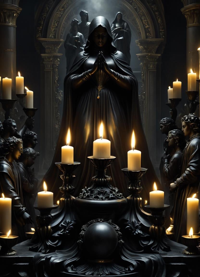 Surrealist art <lora:FF-Midj-Last-v0563:1> there is a statue of a group of people surrounded by candles, baroque dark art, highly detailed dark art, high definition cgsociety, in style of brad rigney, nekro iii, nekro xiii, roberto ferri and ruan jia, highly detailed cgsociety, dark - art, dark-art, hauntingly beautiful art . Dreamlike, mysterious, provocative, symbolic, intricate, detailed