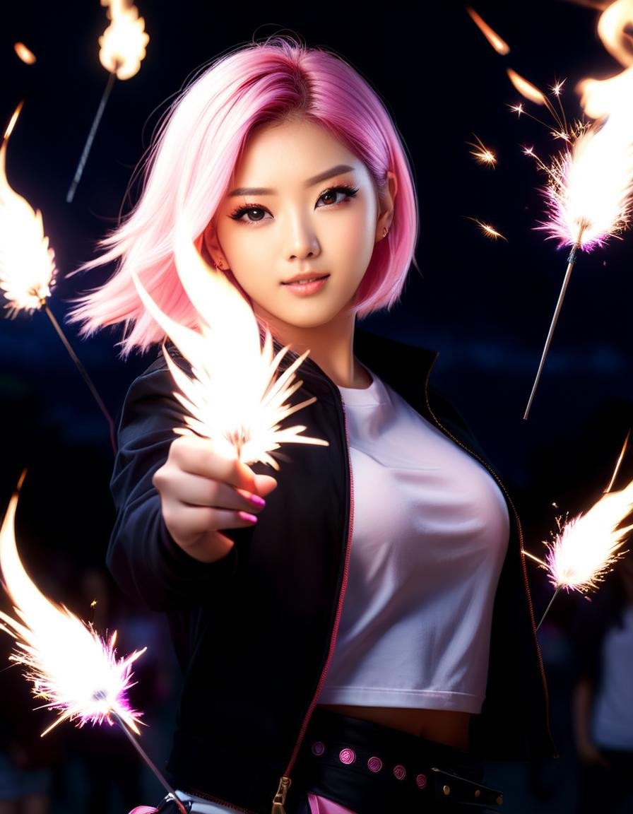 Hyperrealistic art  <lora:FF-Midj-Rise-v0564:1.69> there is a woman with pink hair holding a sparkler, japanese lightning goddess, light pink hair with pink flames, sakimi chan, kda and sam yang, rossdraws 2. 5, pink lightning, fire poi, kpop star, sakimi, rossdraws 1. 0, rossdraws 2. 0, sakura haruno, haruno sakura . Extremely high-resolution details, photographic, realism pushed to extreme, fine texture, incredibly lifelike