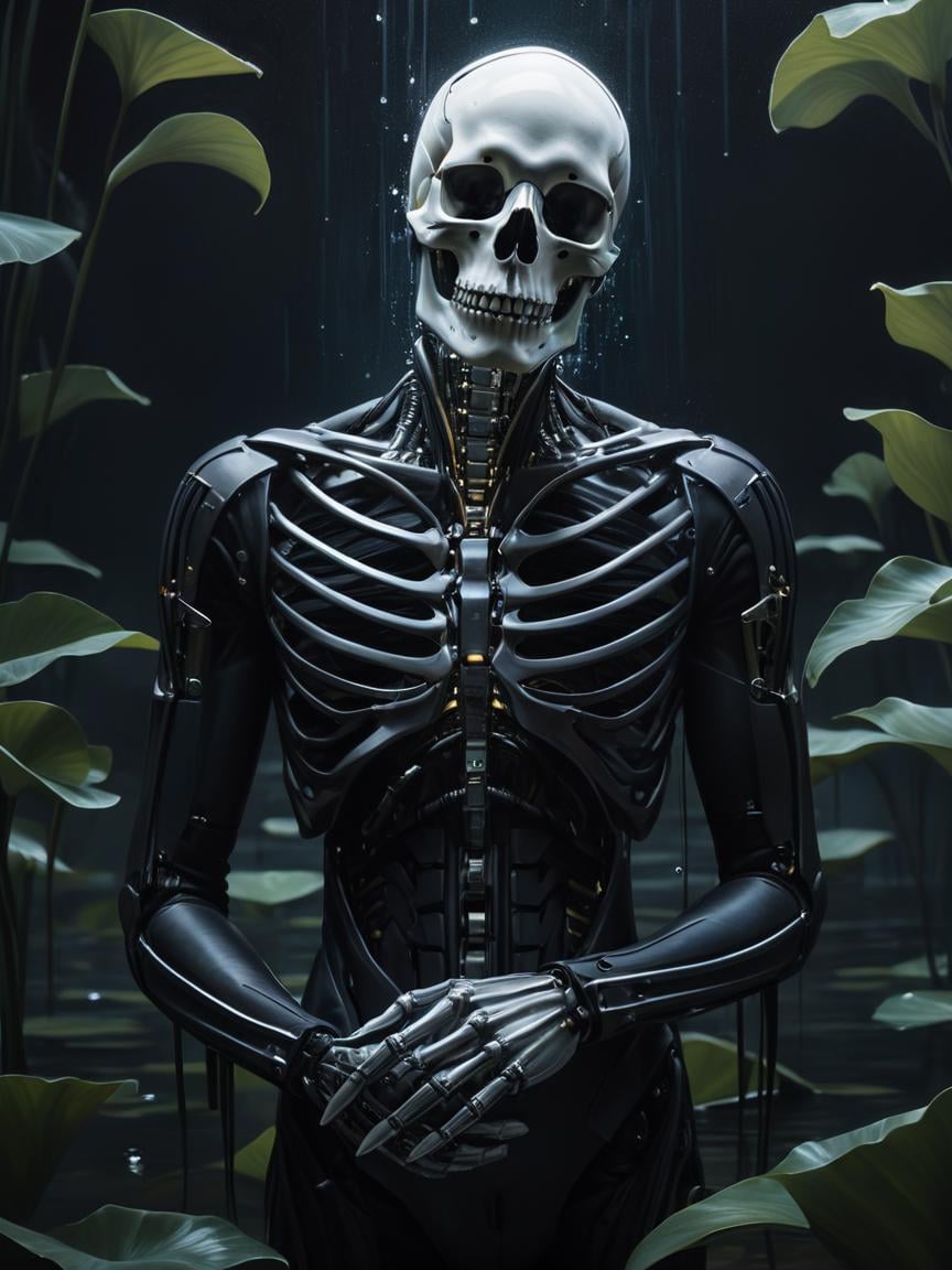 cinematic film still <lora:FF-Midj-Rise-v0564:1> arafed male with a skeleton like body and a hand in his right hand, detailed portrait of a cyborg, portrait of a cyber skeleton, style of dragan bibin, fractal veins. cyborg, by ruan jia and stanley artgerm, portrait of a cyborg, intricate transhuman, cracked. biomechanical cyborg, cyberpunk skeleton painting of a duck and her ducklings in a pond of water lillies, high quality oil painting, beautiful painting of friends, classical oil painting, beautiful oil painting on canvas, oil painting. hd, illustration of a duck, beautiful intricate oil painting, beautiful art uhd 4 k, beautiful painting, beautiful oil painting, ducks, painting of splashing water . shallow depth of field, vignette, highly detailed, high budget, bokeh, cinemascope, moody, epic, gorgeous, film grain, grainy