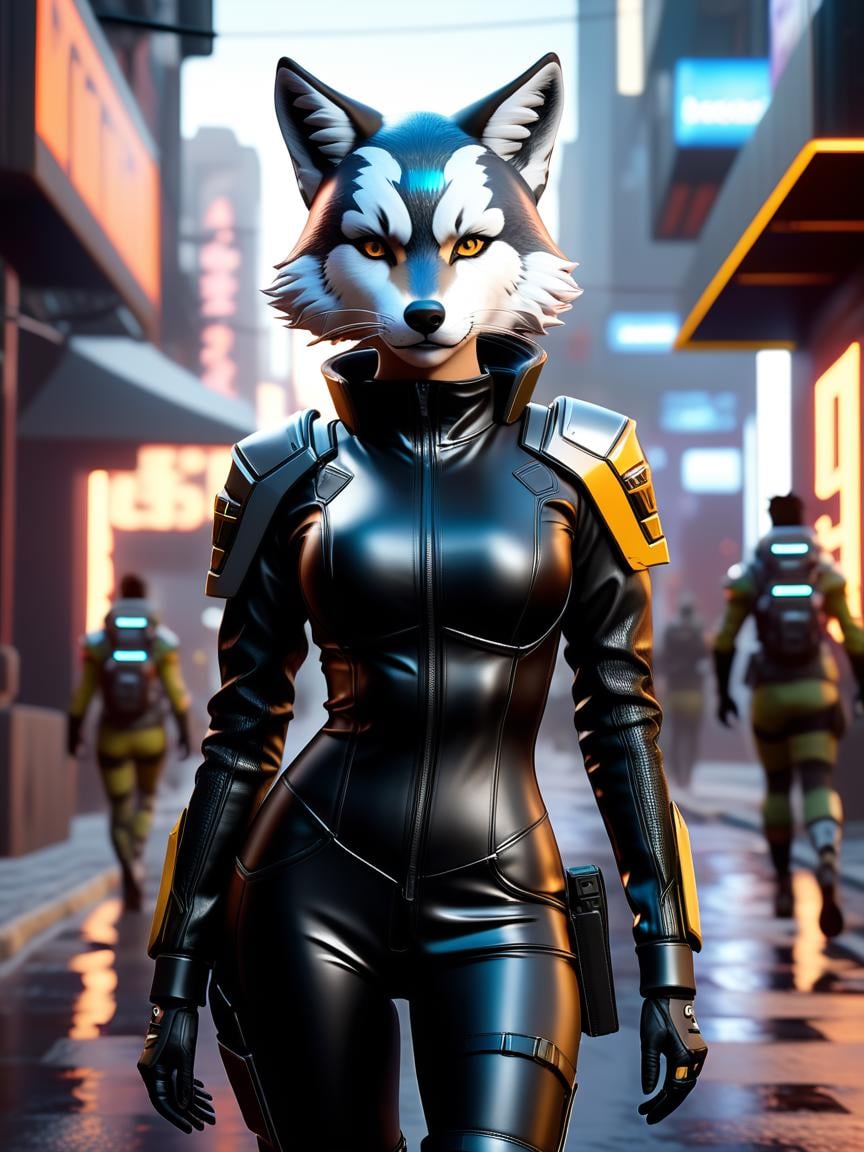 professional 3d model <lora:FF-Midj-Rise-v0564:1> there is a woman in a cat suit walking down a street, loba andrade from apex legends, cgsociety unreal engine, an anthropomorphic cyberpunk fox, artgerm ; 3d unreal engine, unreal engine character art, cgsociety 9, female anthropomorphic wolf, cinematic smooth unreal engine, cinematic unreal 5, unreal engine art   . octane render, highly detailed, volumetric, dramatic lighting