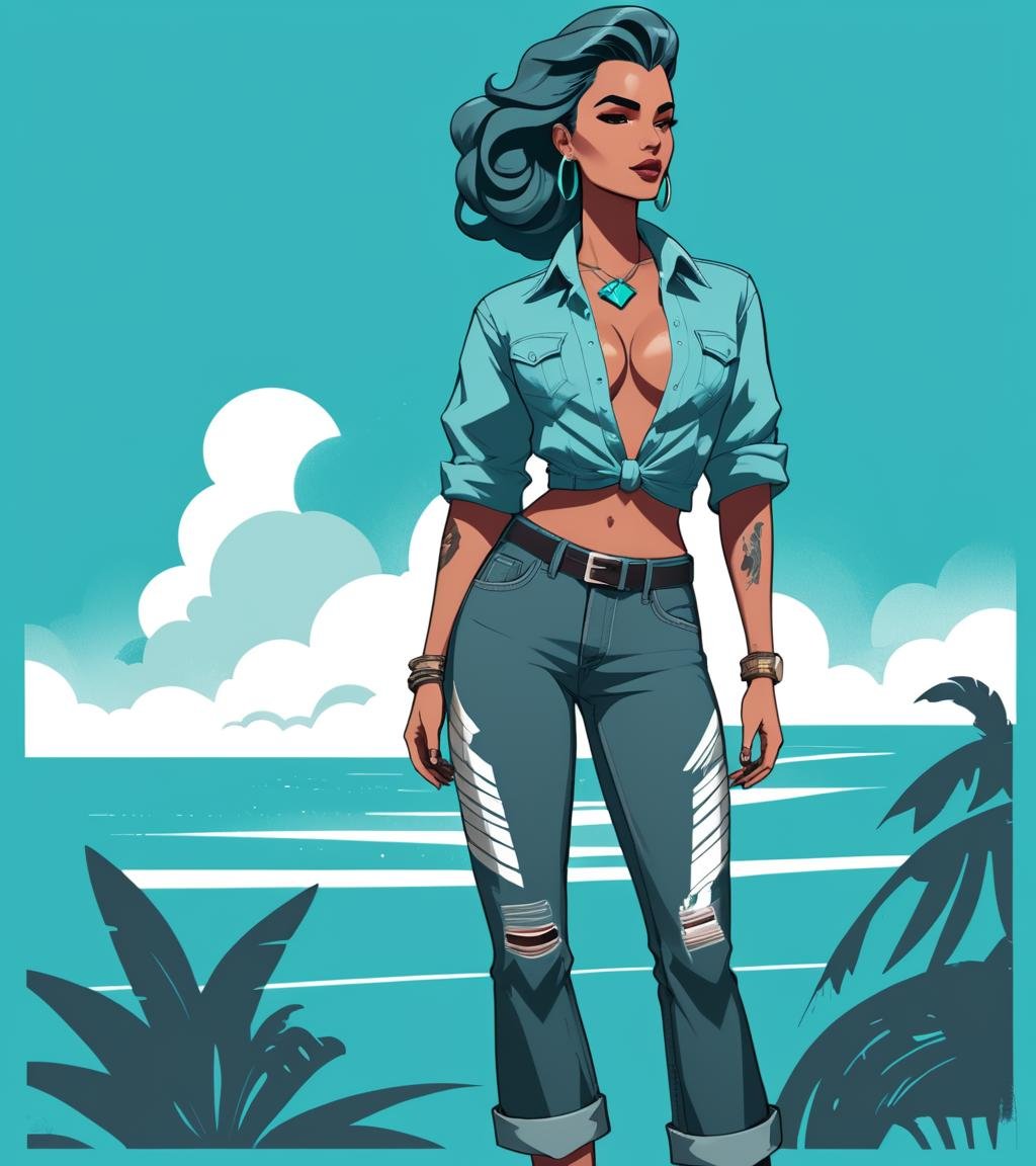 concept art <lora:FF-Style-James_Gilleard:1> in the style of James Gilleard, (art by Olivia Locher:1.2) , illustration of a concept art, Elusive elegant Bahamian (game art of Power:1.2) , wearing Tropical Boyfriend jeans from the Enlightenment Era, her hair is Charcoal and Teal, she has a Tattoos, Simple illustration, complementary colors, octane engine, james gilleard artwork . digital artwork, illustrative, painterly, matte painting, highly detailed