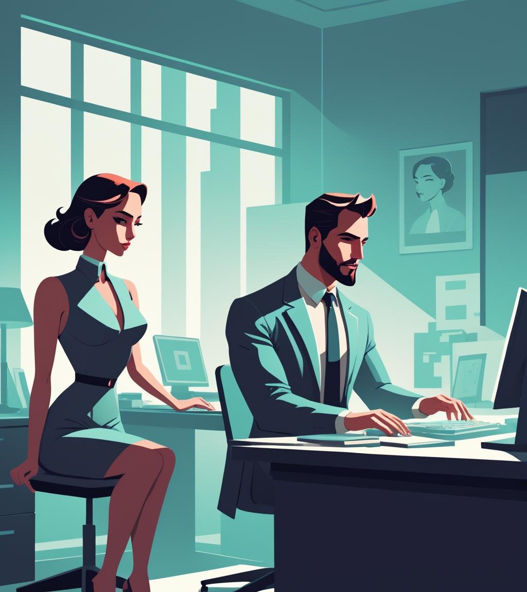 concept art <lora:FF-Style-James_Gilleard:1> in the style of James Gilleard a man and woman sitting at a desk, in style of james gilleard, digital illustration -, atey ghailan 8 k, stylized digital illustration, flat illustration, in style of atey ghailan, detailed 2d illustration, james gilleard artwork, by Atey Ghailan, by James Gilleard, jen bartel, in style of digital illustration,(BW:1.3) . digital artwork, illustrative, painterly, matte painting, highly detailed