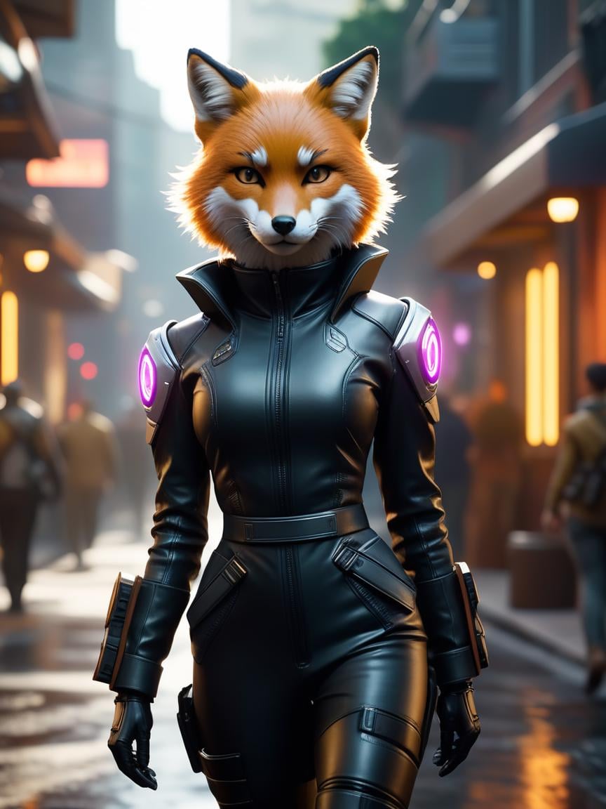 cinematic film still <lora:FF-Midj-Top-v0565:1> there is a woman in a cat suit walking down a street, loba andrade from apex legends, cgsociety unreal engine, an anthropomorphic cyberpunk fox, artgerm ; 3d unreal engine, unreal engine character art, cgsociety 9, female anthropomorphic wolf, cinematic smooth unreal engine, cinematic unreal 5, unreal engine art     . shallow depth of field, vignette, highly detailed, high budget, bokeh, cinemascope, moody, epic, gorgeous, film grain, grainy