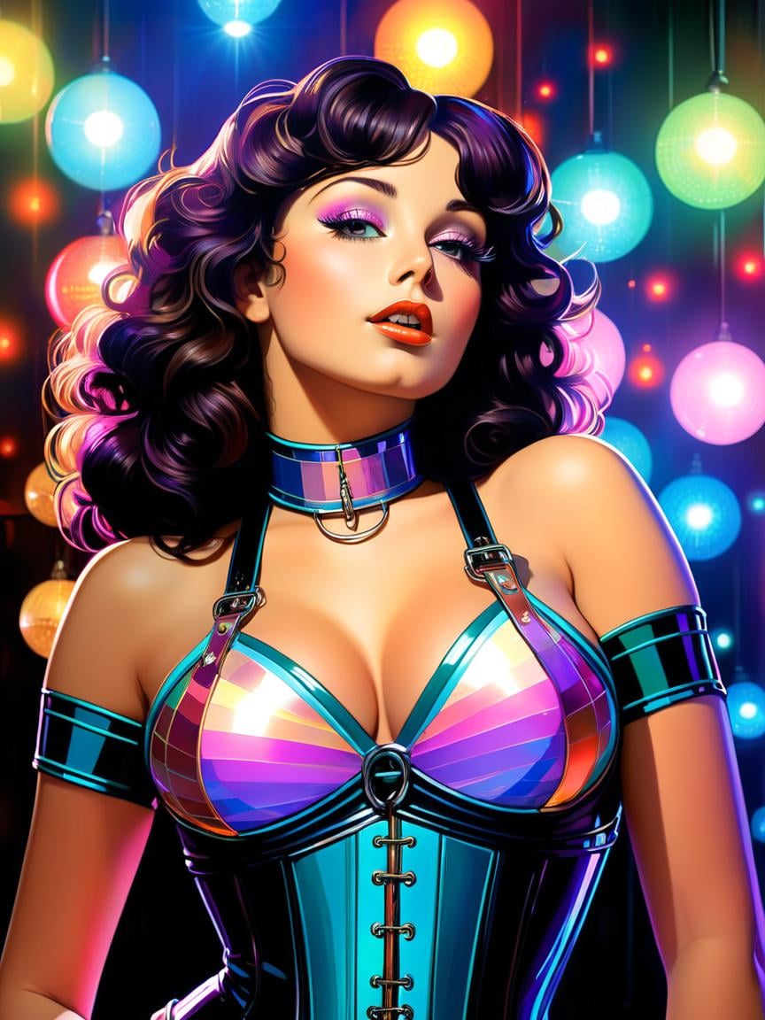 Disco-themed woman in latex bodysuit with corset and metal choker and harness, (art by Alphonse Mucha:1.2) ,art by Dan Mumford, digital art, Comfortable curvy Welsh (Female:1.3) , at Nighttime, Amusing, specular lighting, Zoom lens, Muted Colors, full of color, 1girl, solo, 4k, highly detailed  <lora:FF-Midj-Top-v0565:1> <lora:FF-idle-WALLP:0.269> <lora:MidJ_Last_500_-_Experiment:0.19> <lora:FF-Midj-Last-v0563:0.11> <lora:FF-Midj-Top-v0564-FA-TX:0.34> <lora:FF-idle-ColorZ:0.269> . Vibrant, groovy, retro 70s style, shiny disco balls, neon lights, dance floor, highly detailed