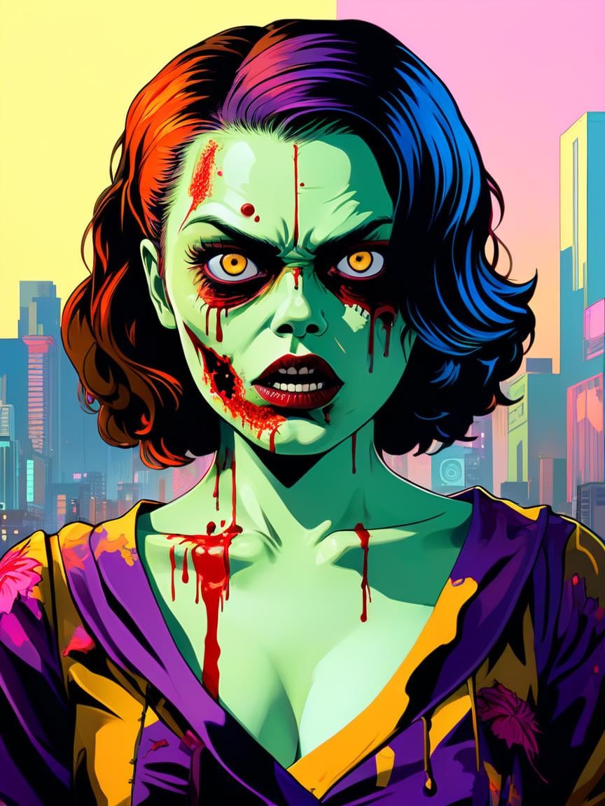 GTA-style artwork digital art, intricate background, (Female Zombie:1.2) , Producing a movie, Bathed in shadows, Neo-Dadaism Art, Film Washi, art by Ruan Jia, 1girl, solo, 4k, highly detailed  <lora:FF-Midj-Top-v0565:1> <lora:FF-idle-WALLP:0.269> <lora:MidJ_Last_500_-_Experiment:0.19> <lora:FF-Midj-Last-v0563:0.11> <lora:FF-Midj-Top-v0564-FA-TX:0.34> <lora:FF-idle-ColorZ:0.269> . Satirical, exaggerated, pop art style, vibrant colors, iconic characters, action-packed