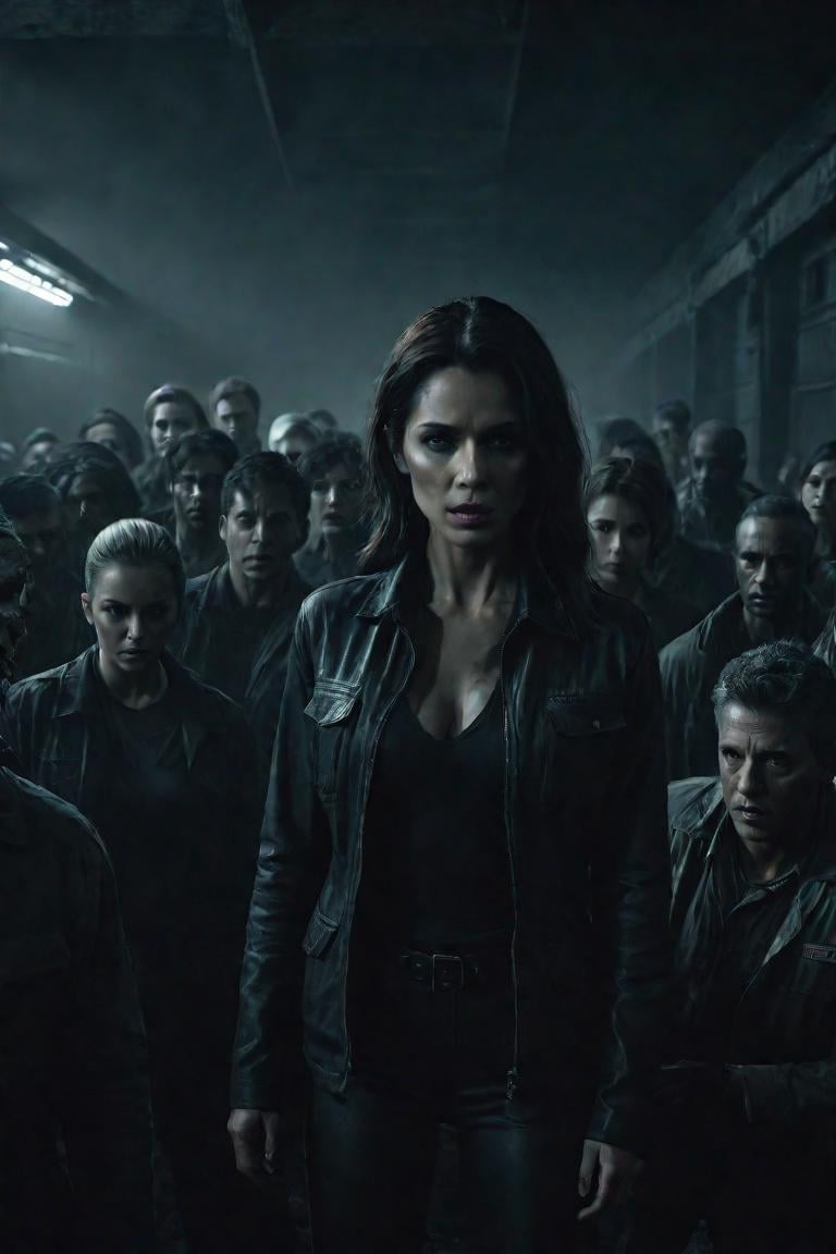 Horror-themed  <lora:FF-Midj-Rise-v0564:1.11:0.1> arafed woman surrounded by a group of people in a dark room, promotional images, 4k press image, detailed 4k horror artwork, movie promotional image, juno promotional image, 8k apocalypse, eve online movie still, spooky netflix still shot, cinematic cgsociety, highly detailed horror dystopian, promo image, promotional image, zombies apocalipsis, hollywood promotional image . Eerie, unsettling, dark, spooky, suspenseful, grim, highly detailed