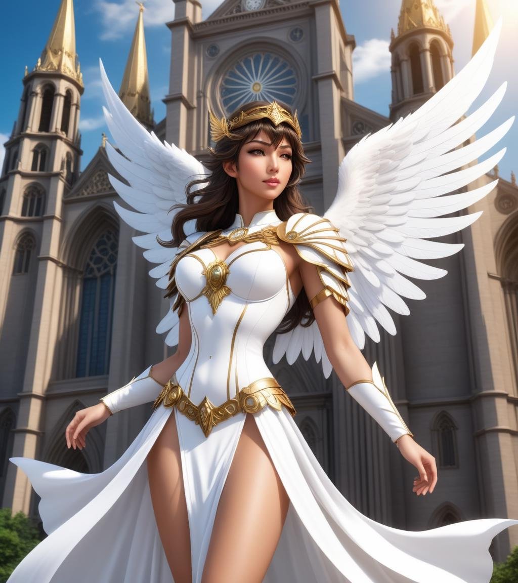 comic  <lora:FF-Midj-Rise-v0564:1.11:0.1>  arafed woman in a white dress with wings in front of a cathedral, biblically accurate angel, unreal engine render + a goddess, biblically accurate angels, 2. 5 d cgi anime fantasy artwork, stunning 3d render of a fairy, biblically acurate angel, steampunk angel, winged girl angel, unreal engine render saint seiya, grand angel wings . graphic illustration, comic art, graphic novel art, vibrant, highly detailed