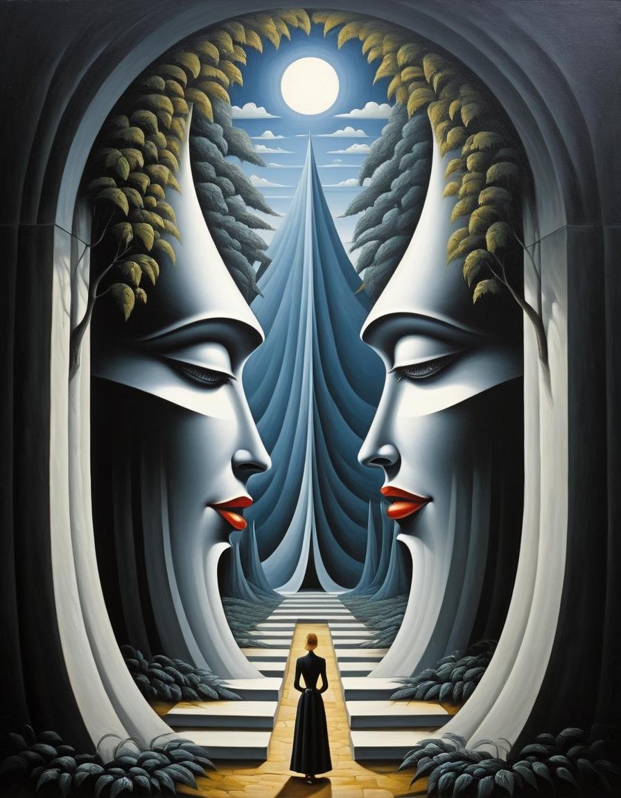 Cubist artwork <lora:FF-Style-Rafal-Olbinski.LORA:1> in the style of rafal olbinski,rafal olbinski style, by Alexander Archipenko and (Lyubov Popova:1.3) , painting, Scottish (Foliage:1.3) , Shy, surreal, lush dungeon and Zodiacal light in background, in focus, Detailed illustration, Horror, rafal olbinski, rafal olbinski art . Geometric shapes, abstract, innovative, revolutionary