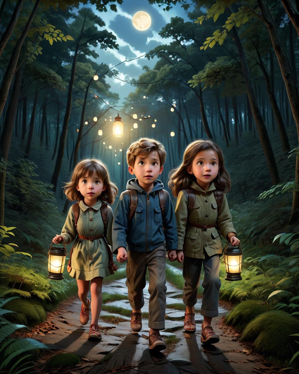 concept art (Ultrarealistic:1.3) <lora:FF-WEEK2-MJ-NEW:1> a couple of children walking through the woods with lanterns, official illustration, movie promotional image, still from animated horror movie, promotional render, key art, official fanart, promotional art, animated film, official artwork, animation film still, official render, childrens art in artstation, fanart, animated movie still, official art, inspired by Jakub Schikaneder, animated still . digital artwork, illustrative, painterly, matte painting, highly detailed