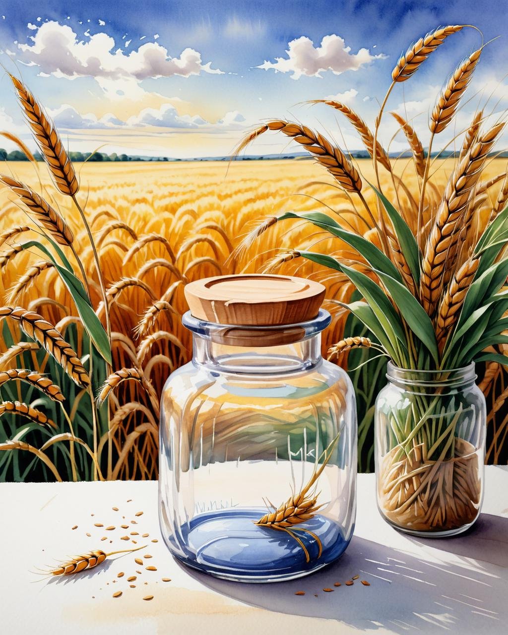 concept art (Ultrarealistic:1.3) <lora:FF-WEEK2-MJ-NEW:1> a watercolor illustration of a glass jar with wheat, full color illustration, by Yang Borun, by Adrienn Henczné Deák, by Verónica Ruiz de Velasco, colored pencil illustration, by Karel Klíč, by Líviusz Gyulai, by Miklós Barabás . digital artwork, illustrative, painterly, matte painting, highly detailed