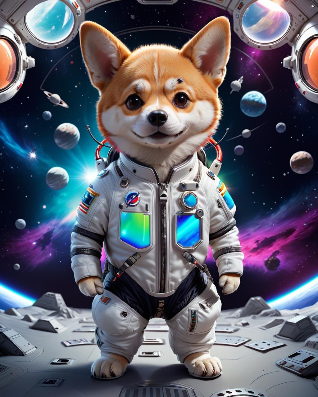 concept art (Ultrarealistic:1.3) <lora:FF-WEEK2-MJ-NEW:1> a small dog in an astronaut suit, cute 3 d render, dog in a space suite, corgi cosmonaut, colorful redshift render, rendered in redshift, 3 d render stylized, adorable digital painting, stylized as a 3d render, stylized 3d render, shiba inu cosmonaut, cute! c4d . digital artwork, illustrative, painterly, matte painting, highly detailed