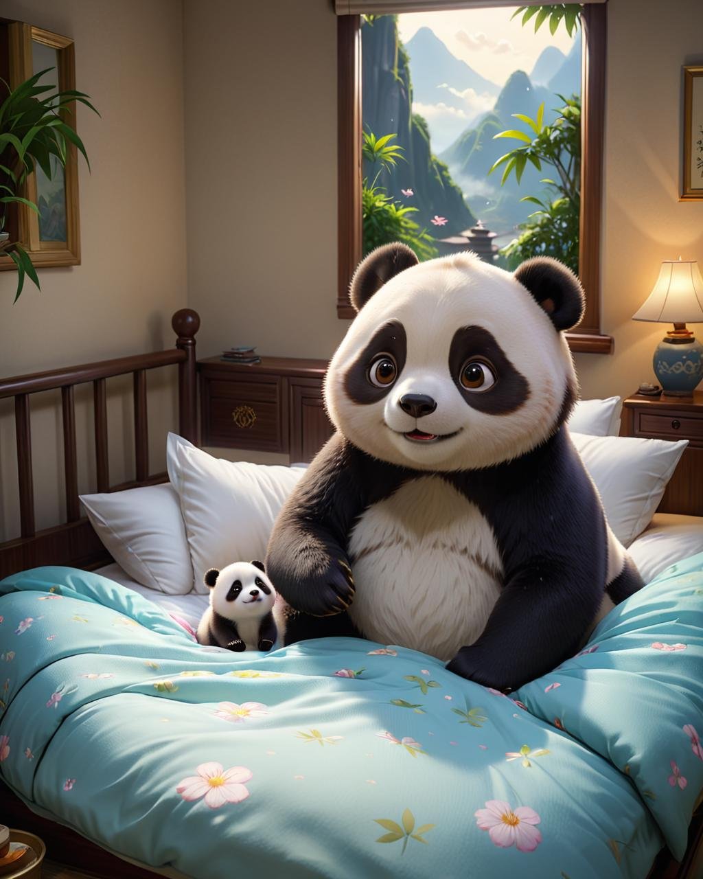 concept art (Ultrarealistic:1.3) <lora:FF-WEEK2-MJ-NEW:1> a panda bear and a girl in bed, adorable digital painting, by Yu Zhiding, ross tran and bayard wu, cute 3 d render, rendered in corona, by Li Fangying, animated movie still, by Yang J, feng zhu |, animated film, panda, animated film still, animation film still, panda panda panda, sha xi . digital artwork, illustrative, painterly, matte painting, highly detailed