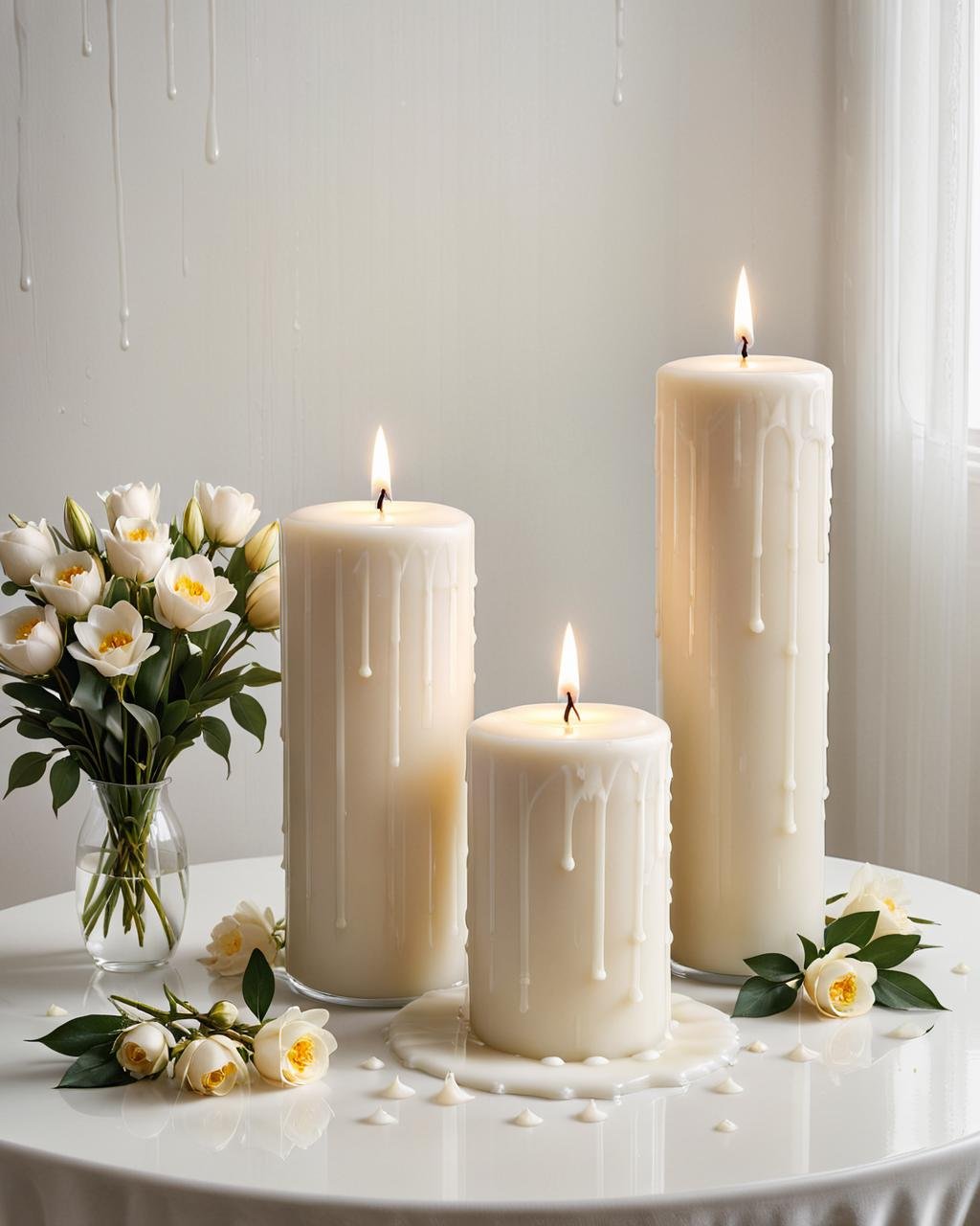 concept art (Ultrarealistic:1.3) <lora:FF-WEEK2-MJ-NEW:1> white candles on a white table with flowers, white candles, candle wax, white candles dripping wax, candles, natural candle lighting, softly lit, waxy candles, lit candles, dripping candles, candles!, candles dripping wax, dramatic candlelight, candlelight, glowing candles, candle lighting, candle lit, candle dripping white wax, lit with candles, candle light, with a white background . digital artwork, illustrative, painterly, matte painting, highly detailed