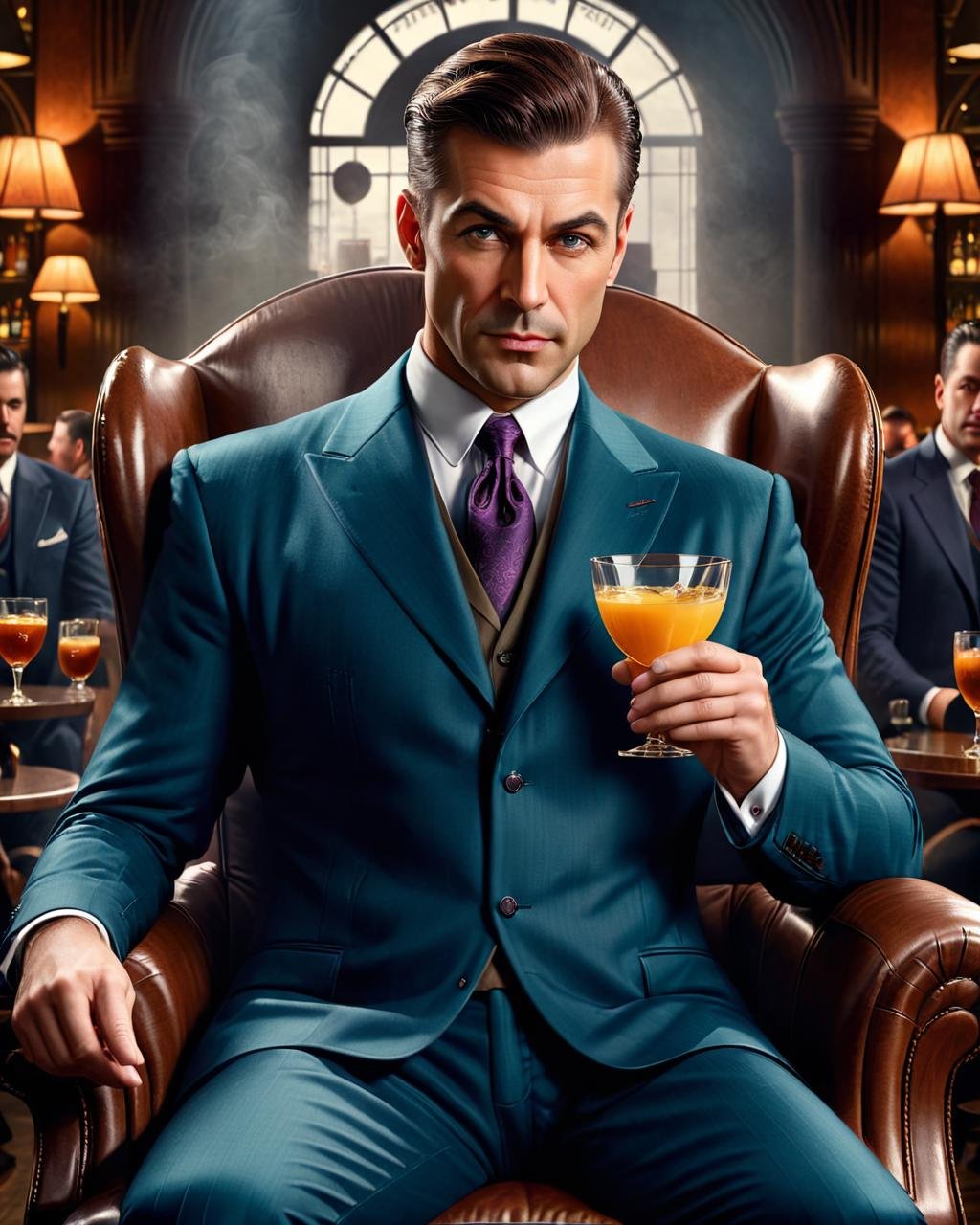 concept art (Ultrarealistic:1.3) <lora:FF-WEEK2-MJ-NEW:1> a man in a suit sitting in a chair with a drink, epic and classy portrait, inspired by Max Magnus Norman, 3 d render character art 8 k, handsome man, 8k portrait render, cinematic realistic portrait, speakeasy bar background, a portrait of the character, portrait shot, pulp character portrait, epic character portrait, portrait of professor sinister . digital artwork, illustrative, painterly, matte painting, highly detailed