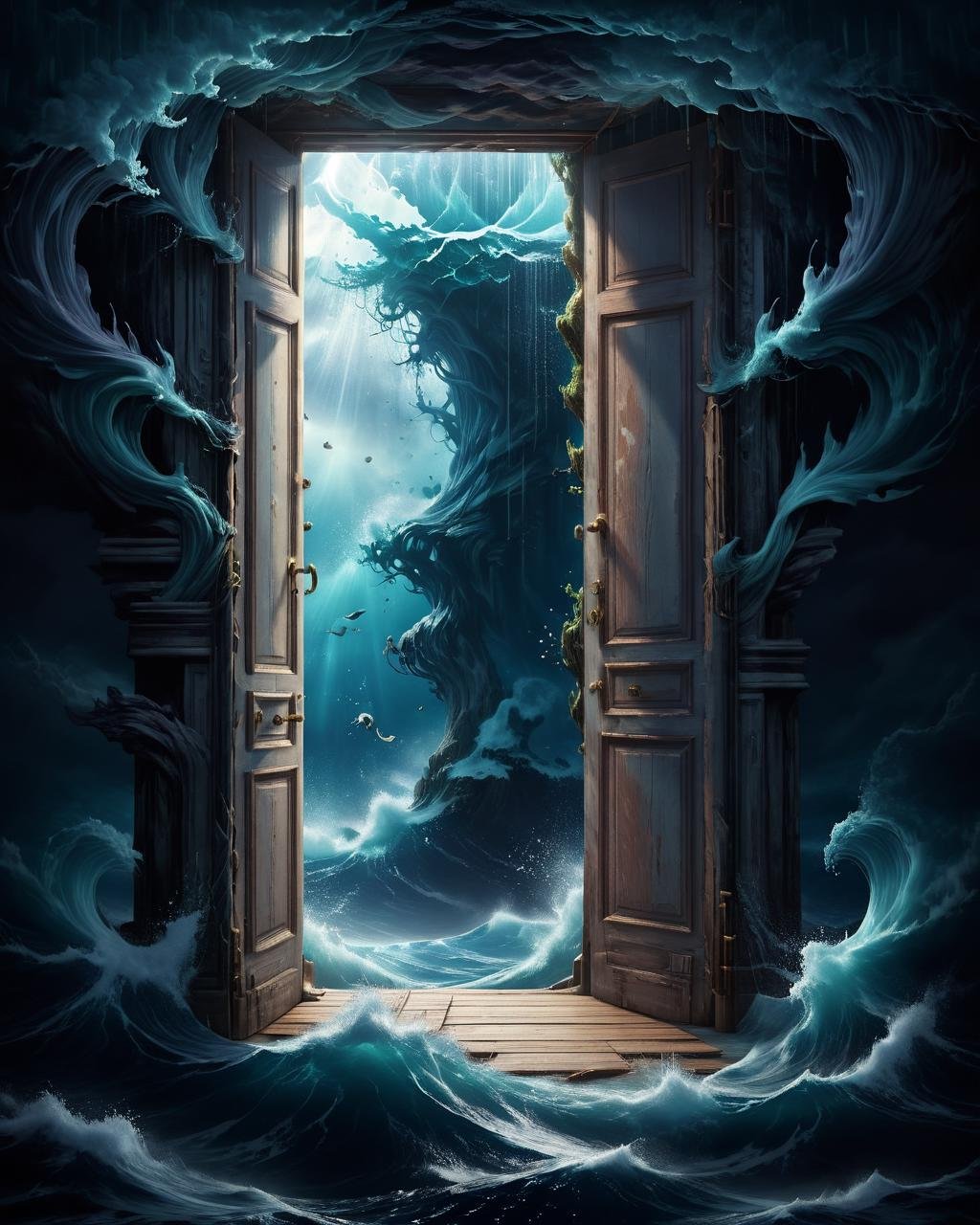 concept art (Ultrarealistic:1.3) <lora:FF-WEEK2-MJ-NEW:1> an open door in the ocean with a person standing inside, surreal concept art, fantasy and cosmic horror movie, surrealism 8k, 4 k surrealism, epic surrealism 8k oil painting, doors that are cosmic portals, epic mysterious surrealism, surreal matte painting, surreal 3 d render, sylvain sarrailh and igor morski, dramatic entry, portal to another world . digital artwork, illustrative, painterly, matte painting, highly detailed