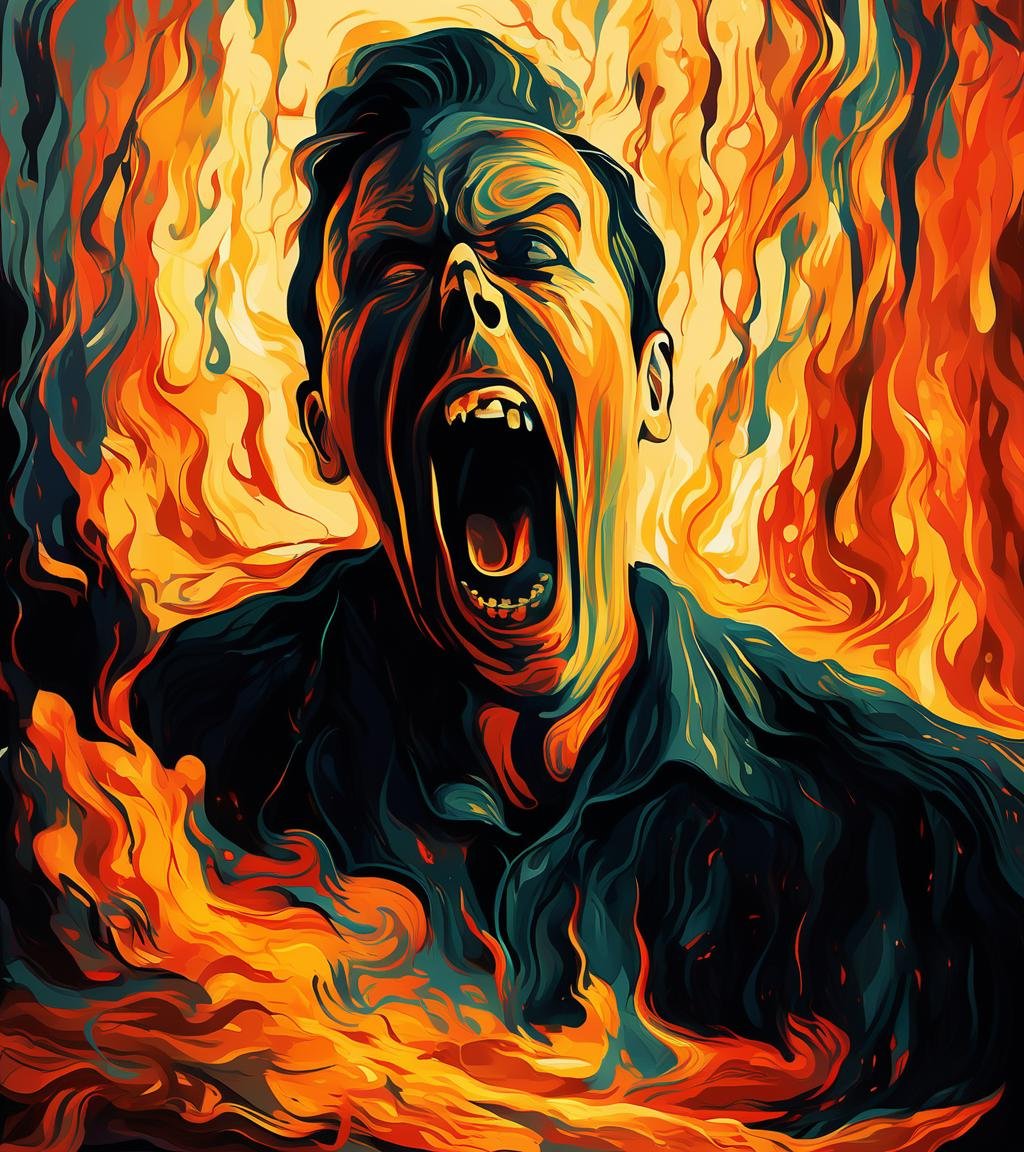 Surrealist art <lora:FF-Style-Edvard-Munch-vpred:1> in the style of Edvard Munch, Edvard Munch style, Edvard Munch art, Edvard Muncha man is screaming in front of a fire, scary color art in 4 k, horrific digital art, anger hyper detailed, an expressive digital painting, detailed 4k horror artwork, radioactive horror painting, mad man screaming, zombie in horror concept art, abstract painting of man on fire, horror painting, digital art 4k unsettling, expressive digital painting . Dreamlike, mysterious, provocative, symbolic, intricate, detailed