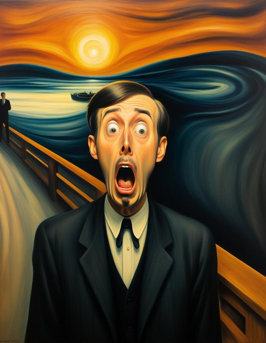 <lora:FF-Style-Edvard-Munch-vpred:1> in the style of Edvard Munch, Edvard Munch style, Edvard Munch art, Edvard Muncha painting of a man with a surprised face, inspired by Howard Knotts, the scream painting, surreal oil painting, inspired by Peter Blume, surreal painting, epic surrealism 8k oil painting