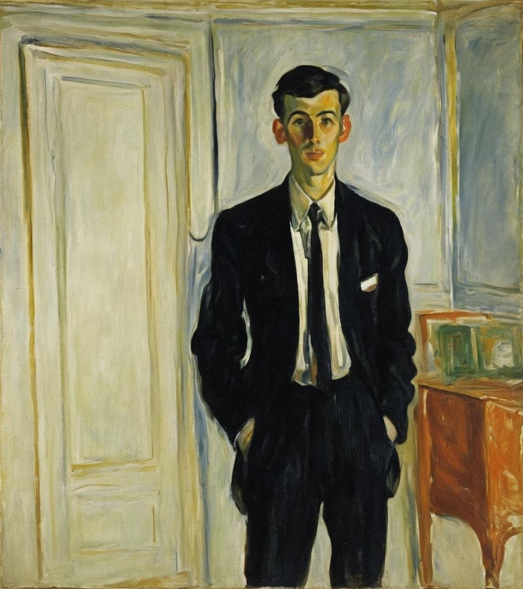 breathtaking <lora:FF-Style-Edvard-Munch-vpred:1> in the style of Edvard Munch, Edvard Munch style, Edvard Munch art, Edvard Muncha painting of a man in a suit standing in a room, edward munch, by Edvard Munch, by Gustaf MunchPetersen, by Lovis Corinth, by Munch, valentin serov style, by Erich Heckel, inspired by Gustaf MunchPetersen, by Chaim Soutine, by Max Beckmann, by Oskar Kokoschka . award-winning, professional, highly detailed