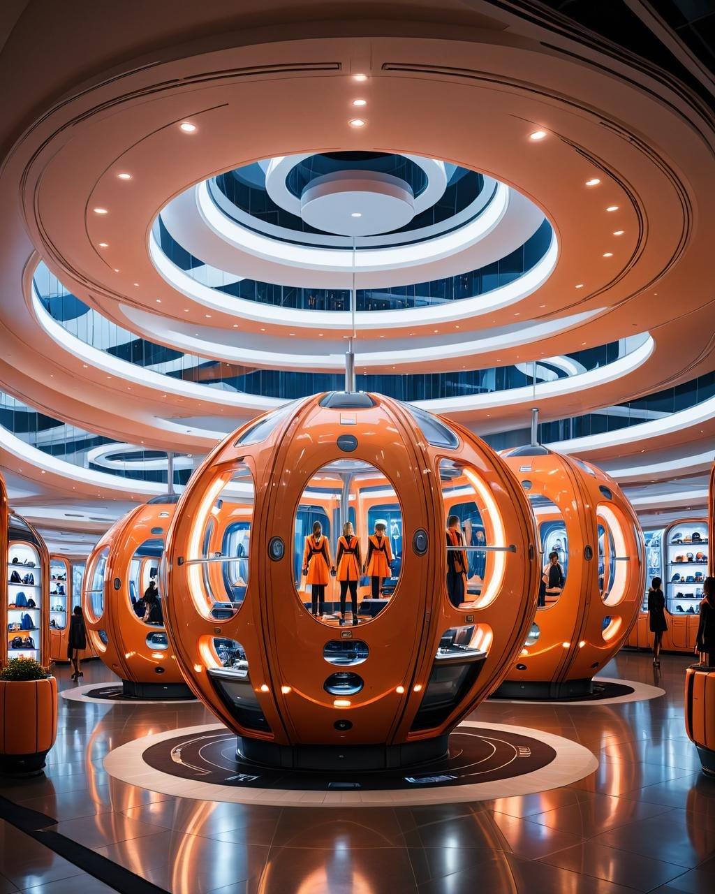 concept art <lora:FF-MJ-Week2-Hot:1> a large orange room with a lot of lights, by Zha Shibiao, elegant futuristic wardrobe, on a futuristic shopping mall, capsule hotel, eora, biopunk futuristic wardrobe, futuristic interior, by Emma Andijewska, by Thomas Häfner, a wide full shot, clothes from the future, very futuristic, in style of norman foster . digital artwork, illustrative, painterly, matte painting, highly detailed