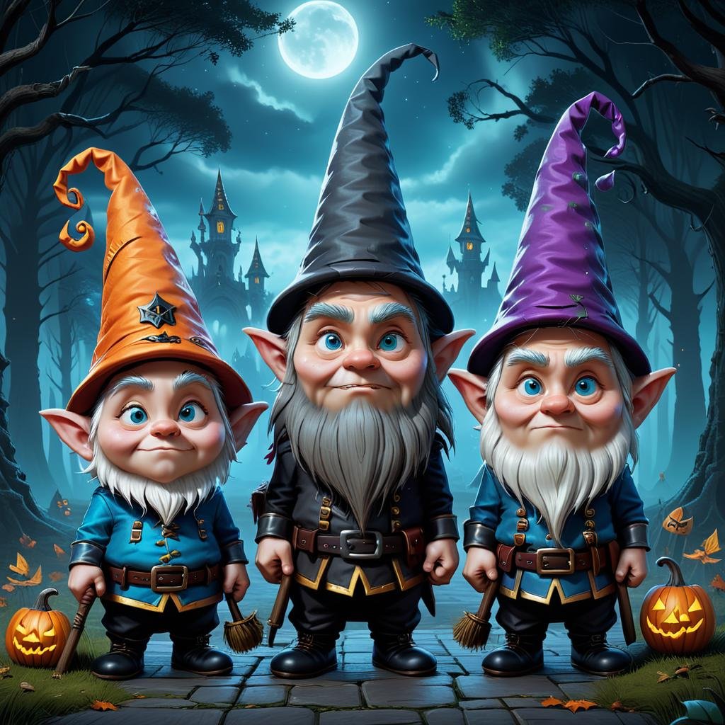 concept art <lora:FF-MJ-Week2-Hot:1> three gnomes in a halloween costume, three dwarf brothers, adorable digital painting, by Jesper Ejsing, by Johannes Helgeson, 3 d epic illustrations, 3 0, rolands zilvinskis 3d render art, wizard hat cinematic lighting, halloween art style, 3 d render stylized, by Goro Fujita, cute detailed digital art . digital artwork, illustrative, painterly, matte painting, highly detailed